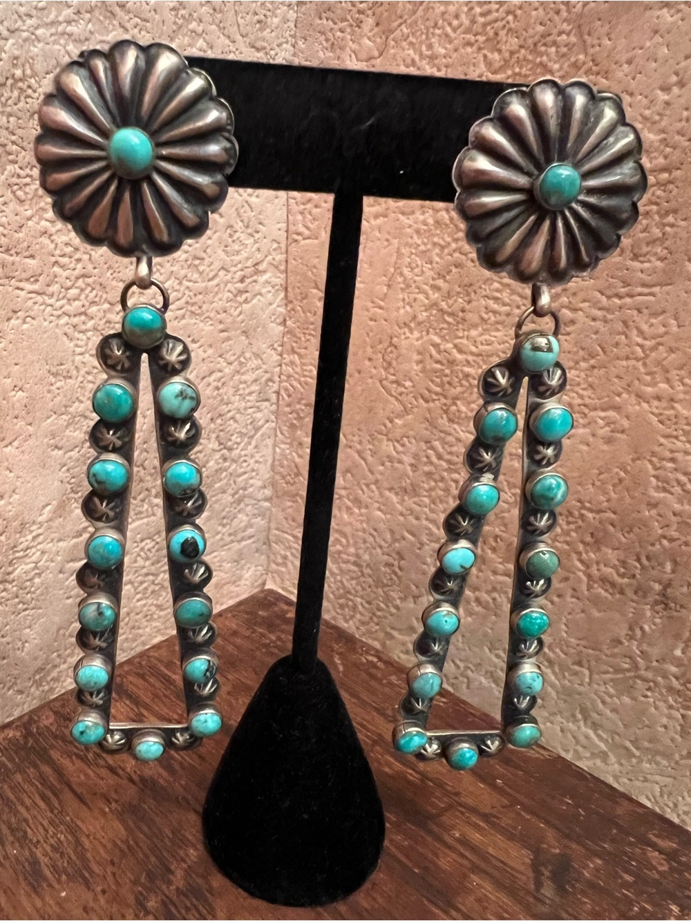 Navajo Eugene Charley Sterling Silver Kingman Turquoise Concho Earrings